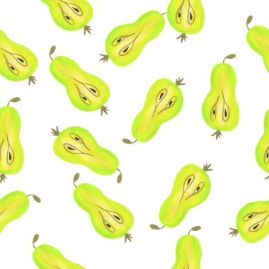 Beyaz arka planda sarı ve yeşil tonlarda kusursuz armut deseni.