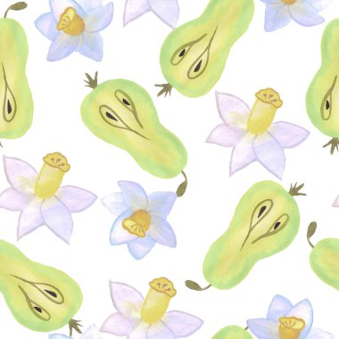 Beyaz arka planda armut ve narsislerin kusursuz deseni