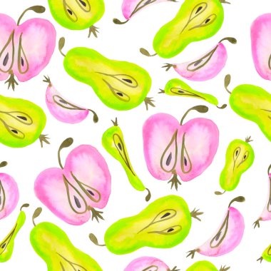 Beyaz arka planda sarı ve yeşil armut ve pembe elma desenleri.