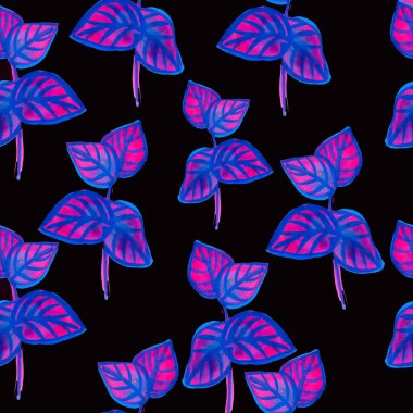 Siyah arka planda pembe ve mavi renklerde kusursuz egzotik yapraklar.