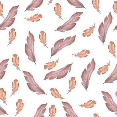 Tüylerin sıcak bej tonlarında kusursuz desenli suluboya çizimi yaratıcılık için beyaz zemin üzerine kuruludur.