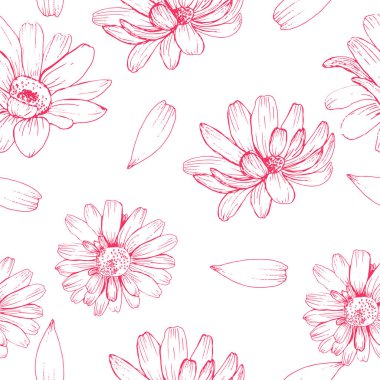 Papatya çiçeği ve taç yaprakları vektörsüz desensiz pembe renkli grafikler düğün kartpostalı tasarımı için beyaz arka plan tabanlı çizimler, tekstil masa eşyaları ve baskı.