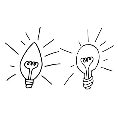 Minimalist el yapımı karalama tarzında parlayan ampullerin çizimi. Vektör ayarlandı Fikirleri, yaratıcılığı ve eğitim kavramlarını temsil etmek için. posterler, bilgi grafikleri, çıkartmalar ve dijital içerik.