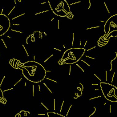 Okul malzemeleri, not defterleri, ambalajlar, dijital içerik, tekstil, posterler ve sosyal medya tasarımı, ilham ve yenilik için siyah zemin üzerinde neon lambaları olan kusursuz desen..