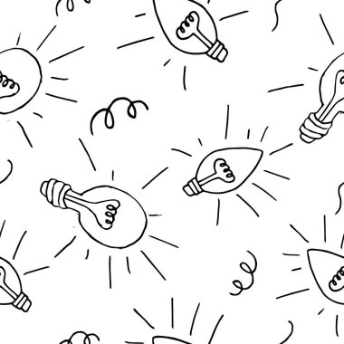 Karalama tarzı ampuller, fikirlerin sembolleri, ilham ve öğrenme ile kusursuz bir düzen. Okul kırtasiyesi, not defteri, duvar kağıdı, ambalaj, okul malzemeleri, tekstil ve web tasarımı için.