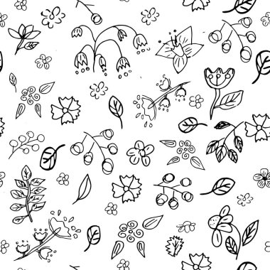 El çizimi siyah beyaz karalama seti çiçek ve bitki tasarımı elementleri vektörsüz çizimler beyaz arka plan üzerinde. Yazdırma ve tekstil kartpostalları için.