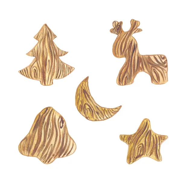 Tahta oyuncak ayı geyik yıldızı çanı köknar ağacı kahverengi renkte suluboya çizimi beyaz arka plan hygge rahat el sanatları tabanlı kart tasarımı tekstil etiketleri