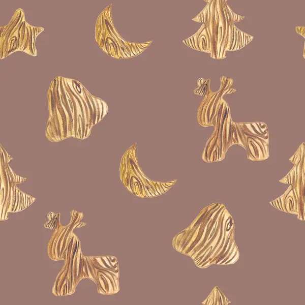 Tahta oyuncak geyik yıldızı ayı çan ağacı kahverengi renk dikişsiz suluboya çizimi kahverengi arkaplan higge örtüsü el sanatları tabanlı iskambil kağıtları...