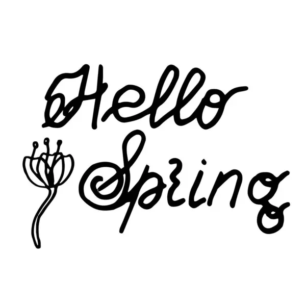 Hello Spring yazıları beyaz arka planda çizilmiş bir çiçek eliyle süslenmiştir. Kartpostal etiketlerinin tasarımının temeli .vektör bileşimi.