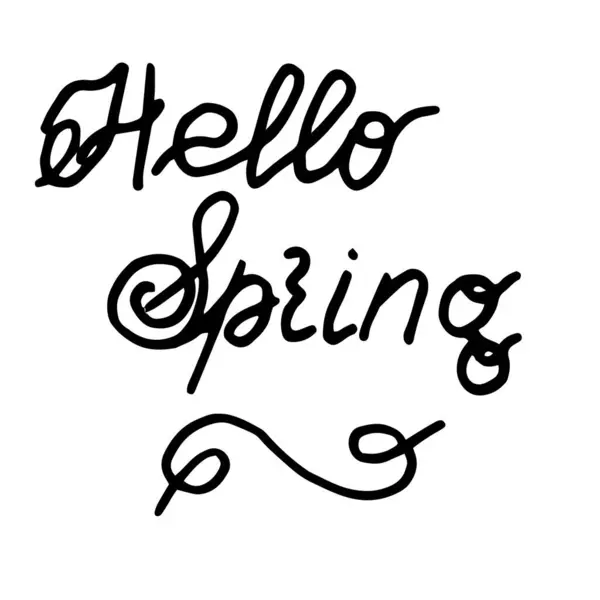 Alttaki Hello Spring yazıları beyaz arkaplanda dekoratif bir unsurla süslenmiş. kartpostalların, kumaşların, çanakların .vektör bileşiminin tasarımının temelini oluşturur.