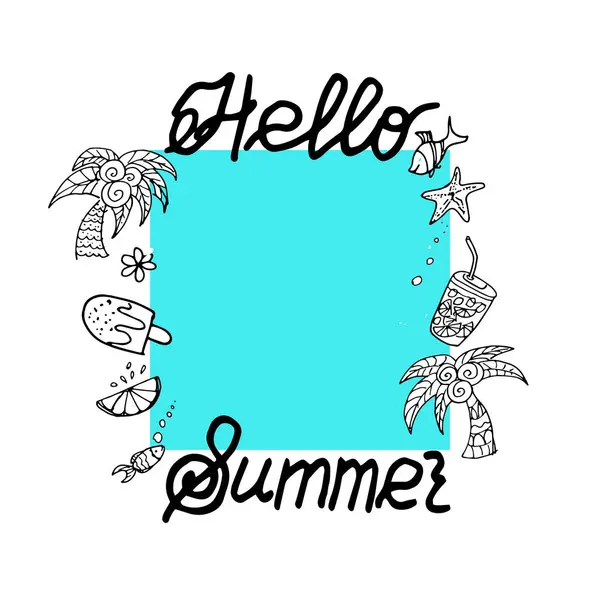 Merhaba, palmiye ağacı ve limonata turunçgil kabuğu kare çerçeve mavi arkaplan vektör grafik çizim el çizimi resim tabanı tekstil tasarım masa takımı ve baskı