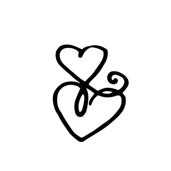 Dekoratif elementler iki kalp bir kıvrım bileşimi vektör grafik çizim el çizimi tekstil tablo ve yazdırma tasarımı için temel