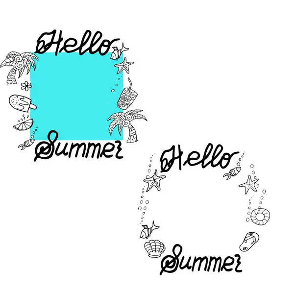 Merhaba yaz palmiyesi ve limonata narenciye kabuğu kaligrafi çerçeve vektörü Graphics doodle El çizim tabanı Tekstil tasarım masa takımı ve yazdırma