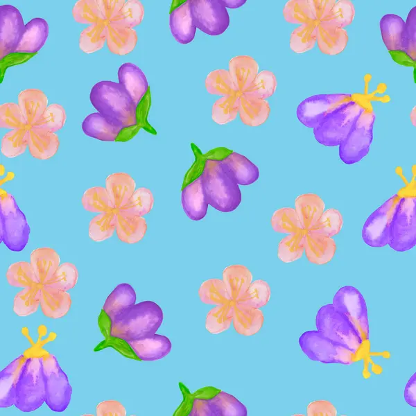 Pembe ve menekşe çiçeklerinin kusursuz desenli suluboya çizimi mavi arka planda