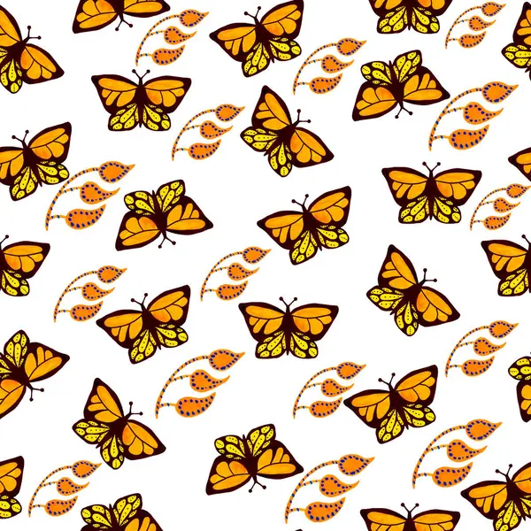 Beyaz arka planda siyah ve sarı kelebeklerin ve bej dalların kusursuz deseni