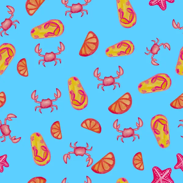 Kusursuz suluboya desenli plaj ayakkabıları, yengeç ve mavi arka planda portakal dilimleri.