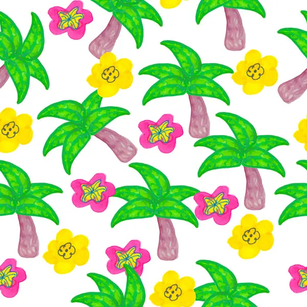 Beyaz arka planda palmiye ağaçları ve tropikal çiçeklerin kusursuz suluboya deseni