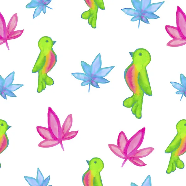 Pembe ve mavi çiçeklerin kusursuz suluboya deseni ve beyaz arka planda yeşil kuşlar.