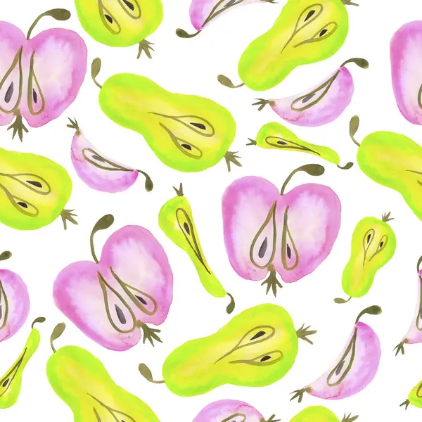 Beyaz arka planda sarı ve yeşil armut ve pembe elma desenleri.