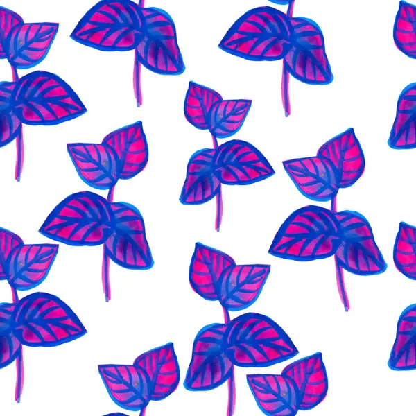 Beyaz arka planda pembe ve mavi renkli egzotik yaprakların kusursuz deseni
