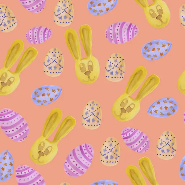 Kalıplı suluboya kusursuz desenli paskalya yumurtaları mavi renkte ve leylak renginde desenli ve pembe arka planda gülümseyen tavşancıklar.