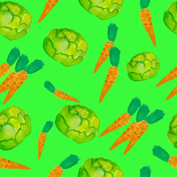 Kusursuz desenli suluboya yeşil arka planda sebze havuç ve lahana çiziyor.