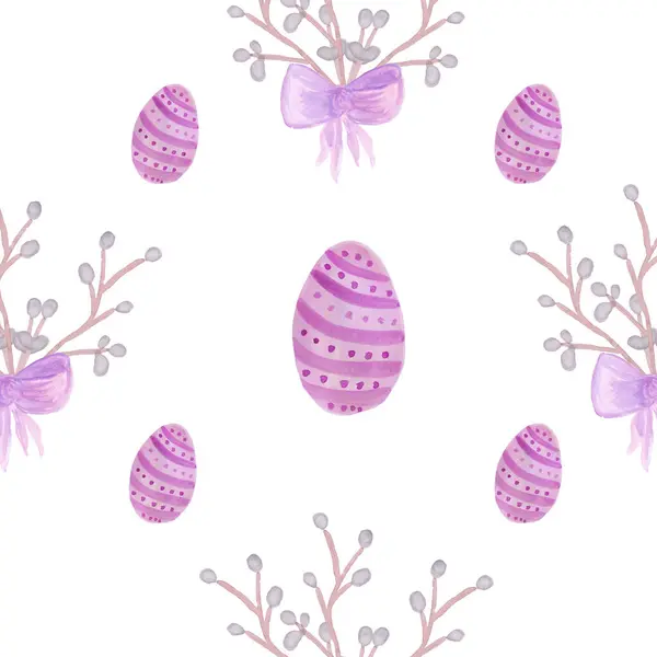 söğüt dalları ve mor paskalya yumurtaları beyaz arka planda kartpostal tablosu ve tekstil tasarımı için kusursuz desen