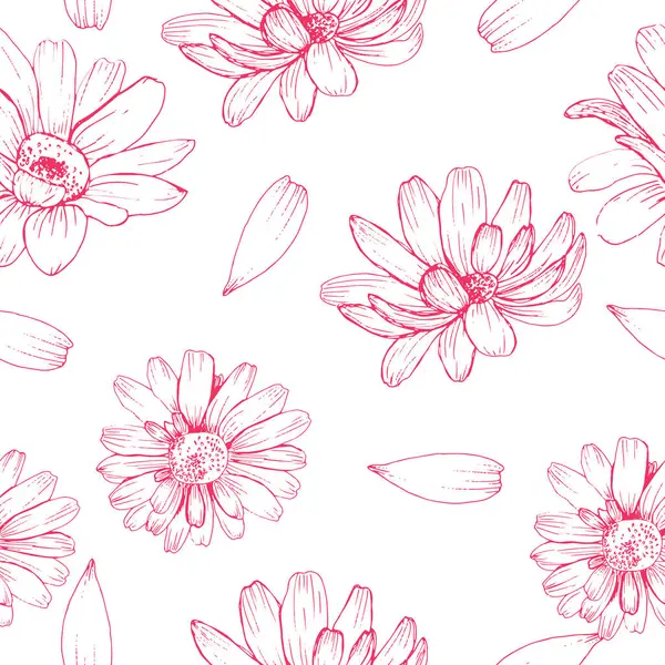 Papatya çiçeği ve taç yaprakları vektörsüz desensiz pembe renkli grafikler düğün kartpostalı tasarımı için beyaz arka plan tabanlı çizimler, tekstil masa eşyaları ve baskı.