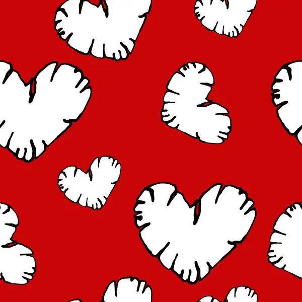 Siyah sınır vektörsüz desenli beyaz kalp, siyah-beyaz grafik çizimi, kırmızı zemin üzerine çizilmiş el çizimi, posta kartı tekstil tasarımının temelini oluşturur.