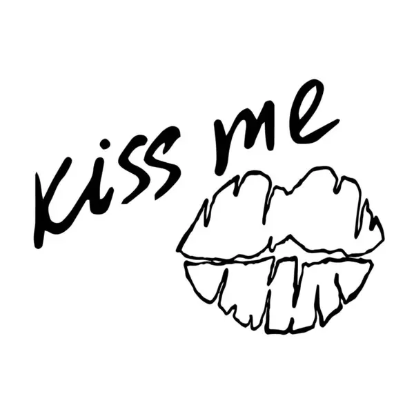 Dudaklar ve harfler beni öpecek vektör kompozisyonu siyah ve beyaz grafikler beyaz arkaplana el çizimi çizimi tekstil tasarımının temelini oluşturacak masa eşyası ve baskı