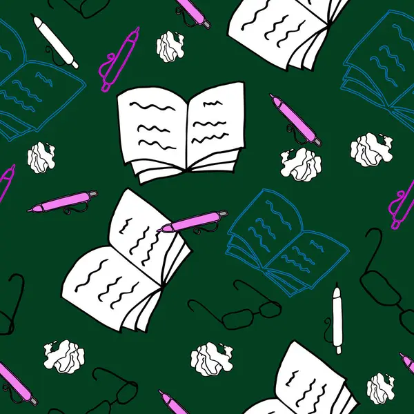 Kırtasiye ürünleri, kitaplar, kalemler, gözlükler ve buruşuk kağıt parçalarıyla kusursuz vektör deseni. Okul ve üniversite konuları için, not defterleri, not defterleri, ambalajlar,