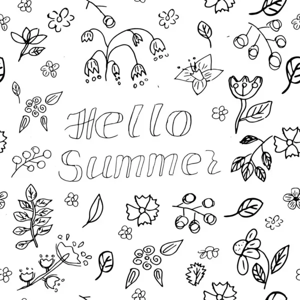 El çizimi, çiçek ve bitki tasarım elementlerinden oluşan siyah-beyaz karalamalar. Beyaz arka planda, 