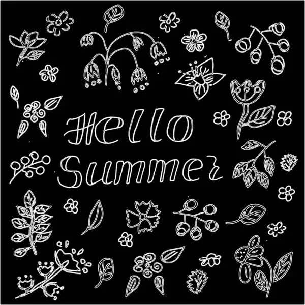 El çizimi siyah ve beyaz karalamalar çiçek ve bitki tasarımı elementleri. Siyah bir arka planda 