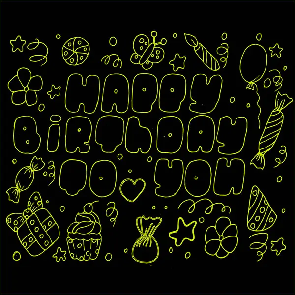 El çizimi sarı karalamalı pasta harfleri doğum günü, balon, olay dekorasyon unsuru. Bir parti. Vektör siyah arkaplan üzerine resimleme ayarlandı. baskı ve tekstil kartpostalları için.