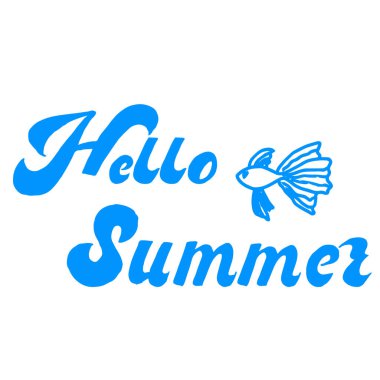 Merhaba yaz mektupları ve karalama tarzı balık çizimi. Basılı ürünler için mavi, kartpostallar, afişler, posterler, tişörtler, plaj aksesuarları. dinlenme, deniz ve tatil atmosferi.