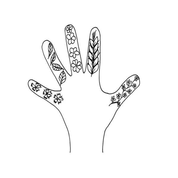 Bitki elementleri ile el konturu kavramı sıfır atık siyah beyaz grafik vektör illüstrasyon bileşimi elle çizim metin ve reklam kartpostalları için temel