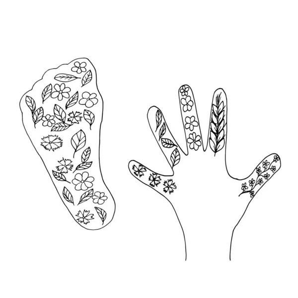 Bitki elementleri sıfır atık kavramı ile el ve ayak kontur siyah ve beyaz grafik vektör illüstrasyon el yazması çizim tekstil ve reklamcılık için taban