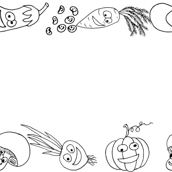 Duygusal çılgın sebzeler gülümser siyah-beyaz vektör çizim çizim sınır beyaz arkaplan tabanında izole masa eşyası tekstil tasarımı için