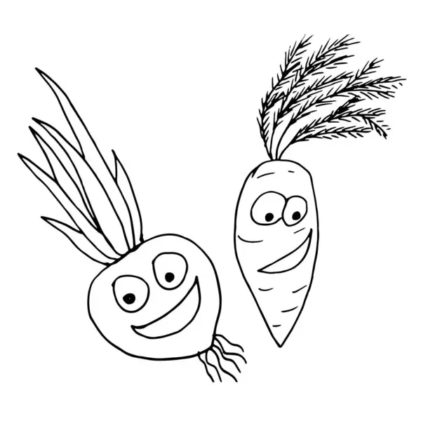 Komik, çılgın sebzeler, soğanlar ve havuçlar. Duyguları olan, gülümseyen, siyah ve beyaz vektör illüstrasyonları olan, beyaz arka planda izole edilmiş karalama kompozisyonu, sofra takımı tasarımı için temel, tekstil tipografisi.