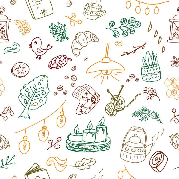 Samimi Hygge elementleriyle elle çizim yapmak için renksiz desen. Mumlar, çaydanlık, kitap, çorap, lamba, hamur işleri, yapraklar. Tasarımcı projeleri, kartlar, çıkartmalar ve ev dekorasyonu için.