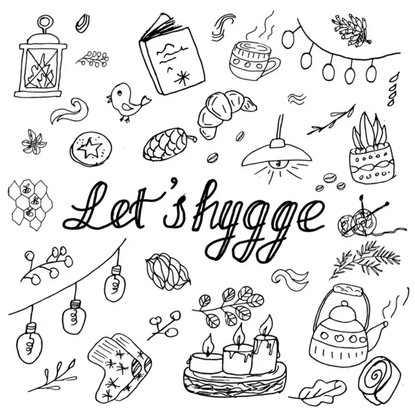 Elle çizilmiş vektör karalama. İskandinav yaşam tarzı olan hygge. Mumların, çayın, kitapların, peri ışıklarının, örgü çorapların, kruvasanların, bitkilerin ve diğer sıcak ve sade elementlerin çizimleri..