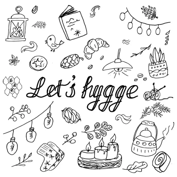 Sıcak hygge elementleriyle el çizimi siyah-beyaz karalama seti. Mumlar, çaydanlık, kitap, çorap, ışık, pasta, yapraklar ve harf karışımı içerir. tasarım projeleri, kartpostallar, çıkartmalar ve ev dekorasyonu için
