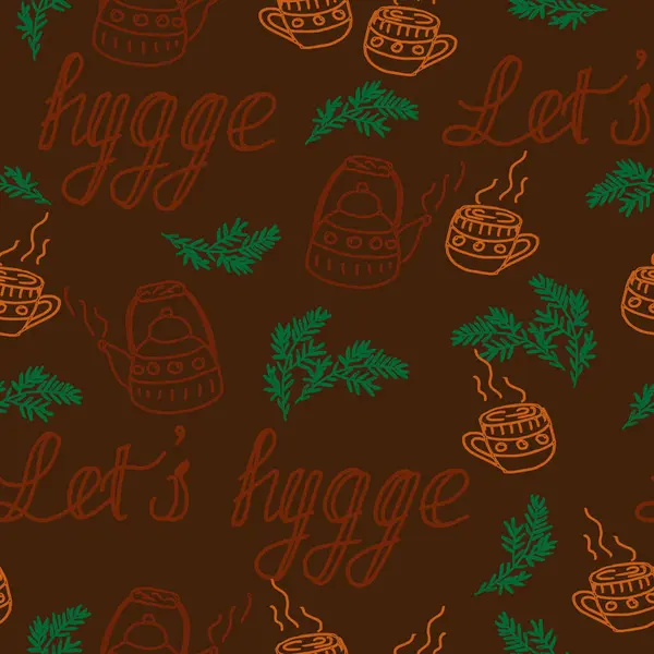 Çaydanlıkları, fincanları, köknar dalları ve kahverengi arkaplanda 