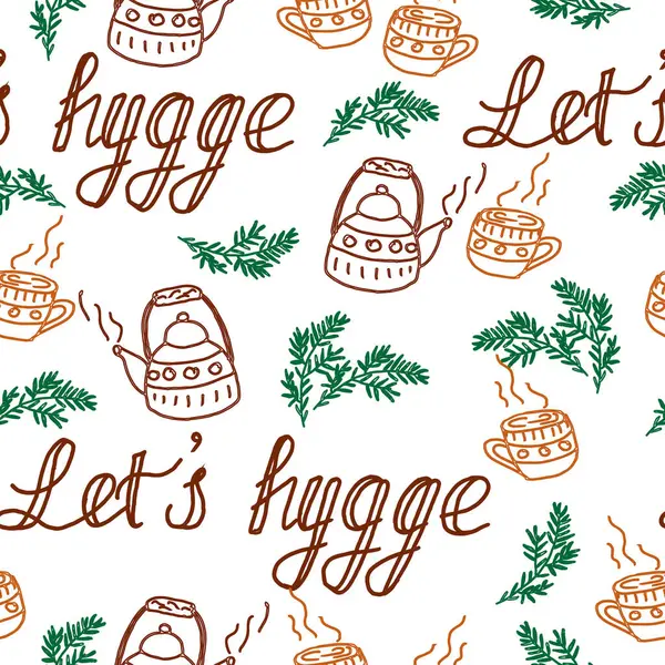 Bardaklı, çaydanlıklı, köknar dallı ve yazıtlı İskandinav kızlık zarı deseni. Kış tasarımı, ambalaj, tekstil ve dekor için ideal