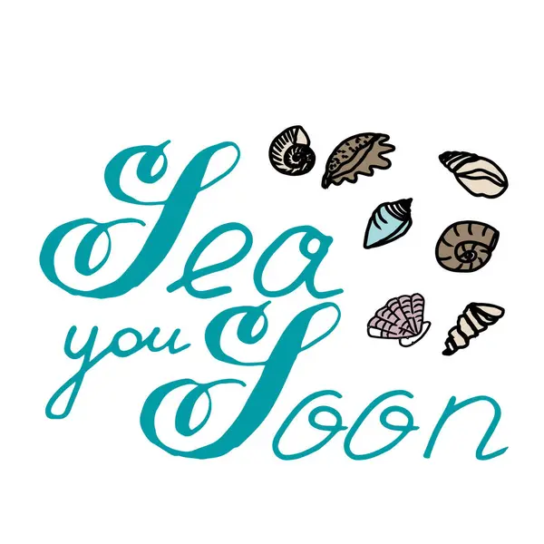 Yazılı, parlak bir yaz baskısı. Yakında el yazısı ve renkli deniz kabuklarıyla... Tebrik kartları, hediyeler, tişörtler, posterler, ambalajlar, deniz olayları, turizm için mükemmel