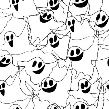 Kusursuz cadılar bayramı deseninde siyah beyaz çizgi film hayaletleri var. Ürkütücü temalı tasarımlar, ambalaj kağıdı, tekstil, kırtasiye, arka plan için el çizimi karalama stili