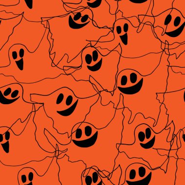 Kusursuz bir cadılar bayramı deseni parlak turuncu arka planda gülümseyen beyaz çizgi film hayaletleri. Cadılar Bayramı ambalaj kağıdı, kumaş, dijital arka plan, tebrik kartları, parti dekorasyonu için karalama stili.