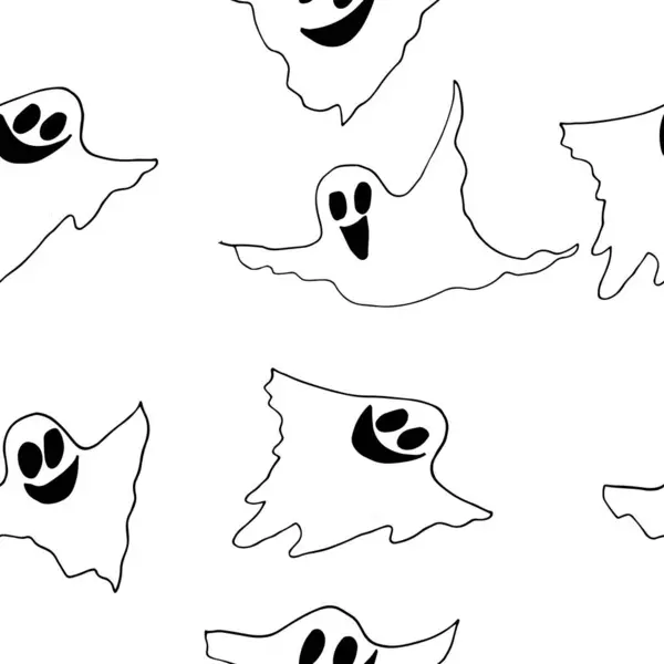 Kusursuz cadılar bayramı deseninde siyah beyaz çizgi film hayaletleri var. Ürkütücü temalı tasarımlar, ambalaj kağıdı, tekstil, kırtasiye, arka plan için el çizimi karalama stili