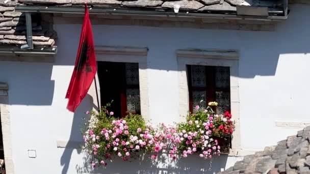 Gjirokastra Albania Marzo 2024 Bandera Nacional Albania Ondeando Ventana Una — Vídeos de Stock