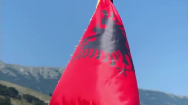 Gjirokastra Albania March 2024 National Flag Albania Waving Blue Sky — Stock Video